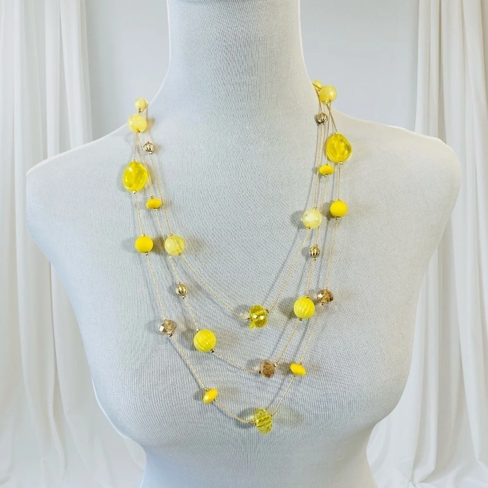 Nicole Miller Yellow Multi-Strand Beaded Necklace and Earring Set, 22” Length
